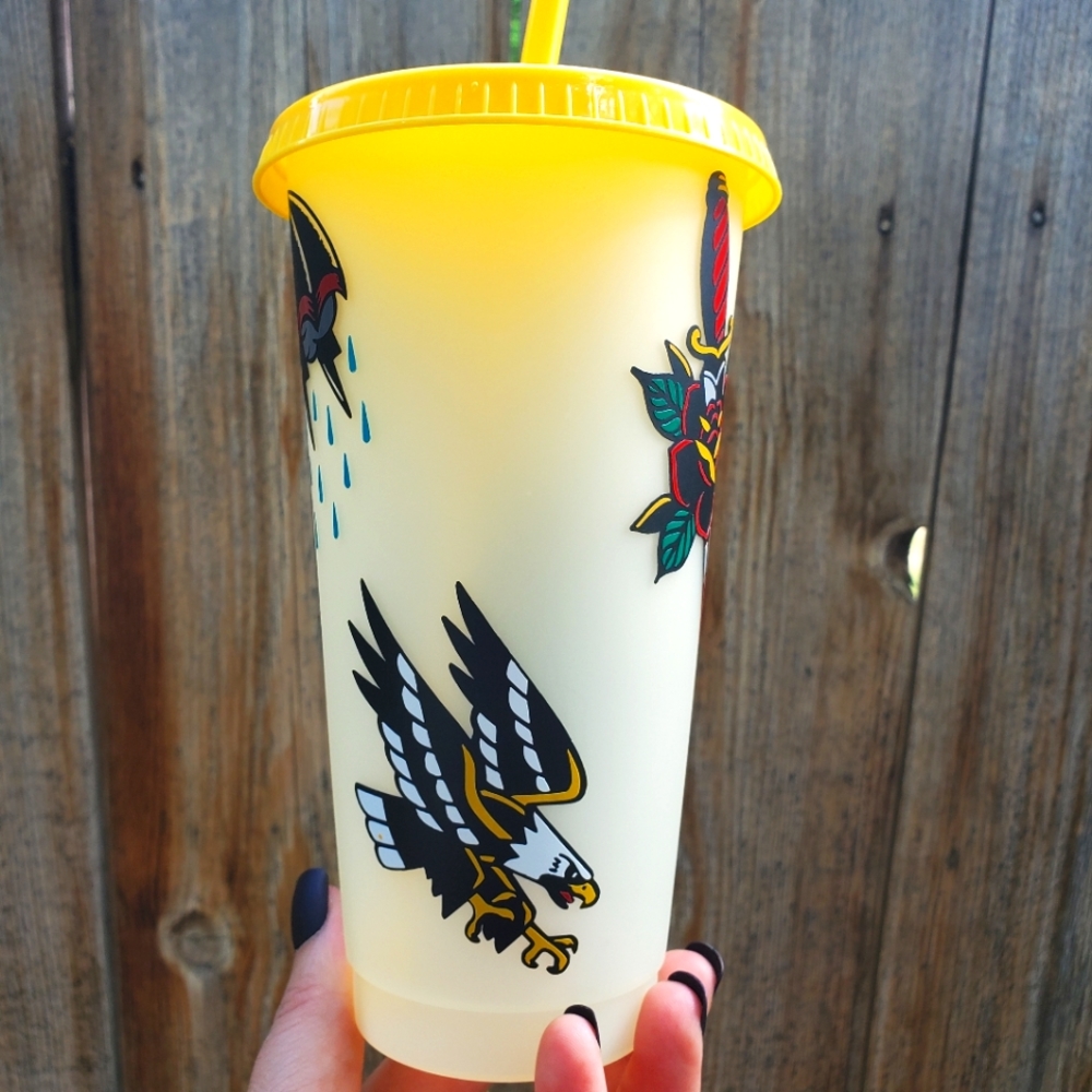 Color changing customized water cup traditional tattoo designs